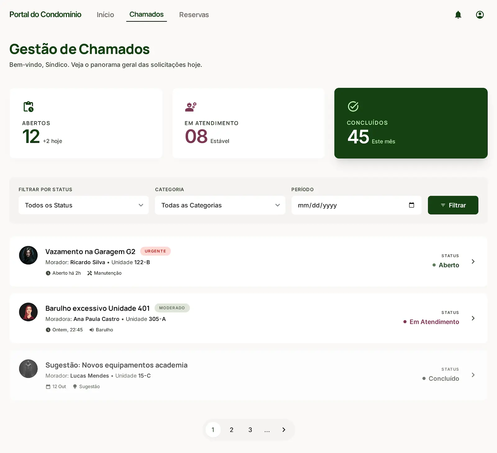 Screenshot do módulo Central de Chamados