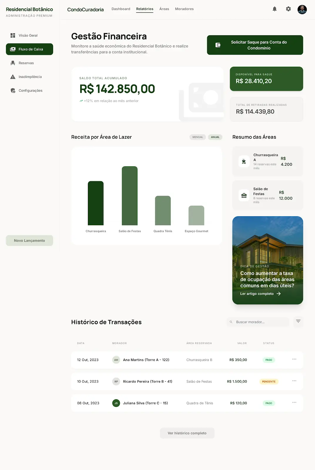 Screenshot do módulo Gestão Financeira