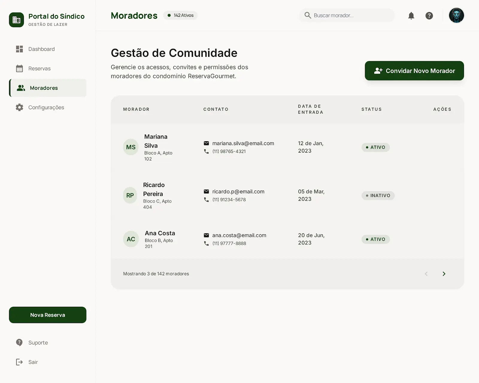 Screenshot do módulo Gestão de Moradores