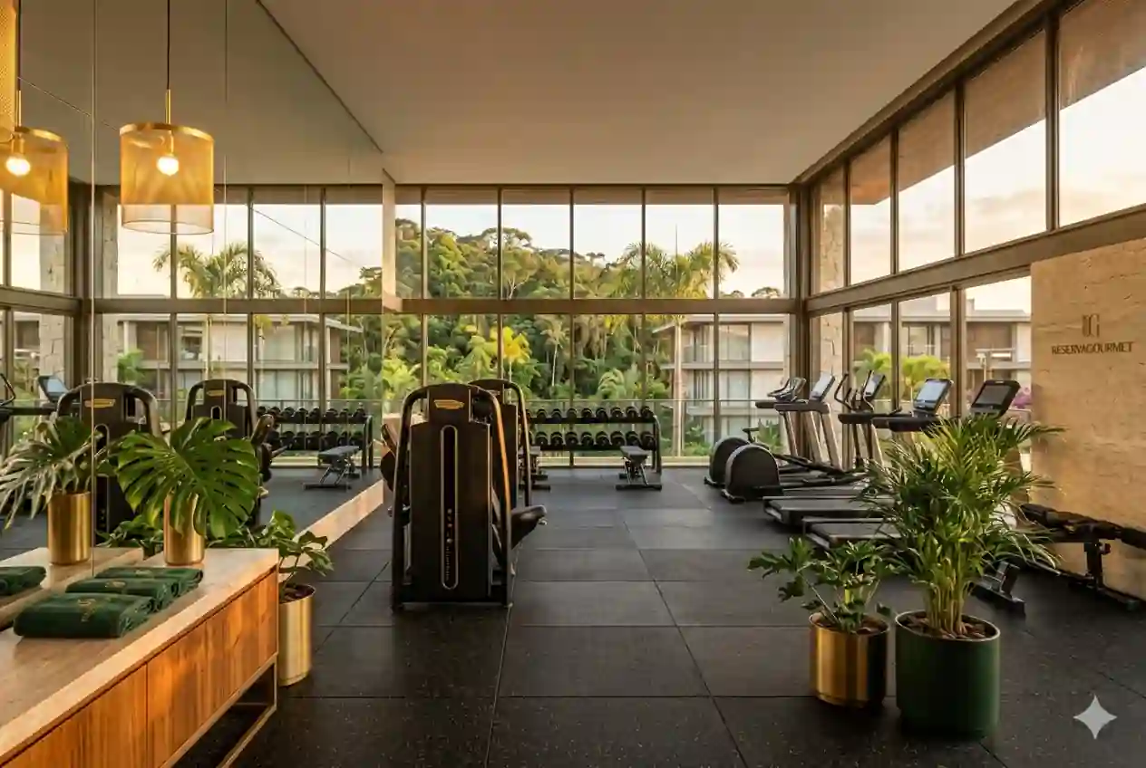 Academia moderna com equipamentos e vista panorâmica