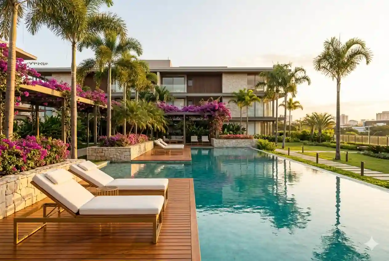 Piscina com deck de madeira, espreguiçadeiras e paisagismo tropical