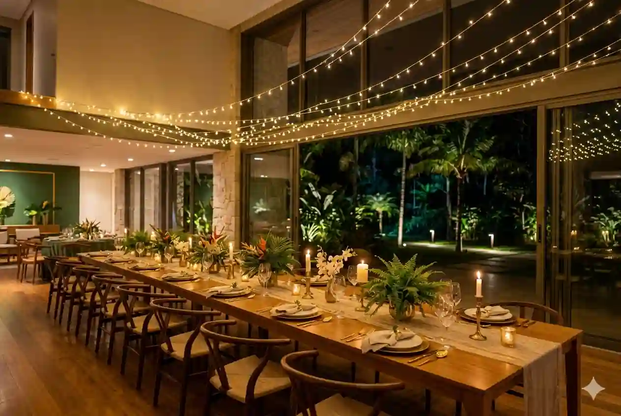 Salão de festas elegante com mesa decorada e iluminação noturna